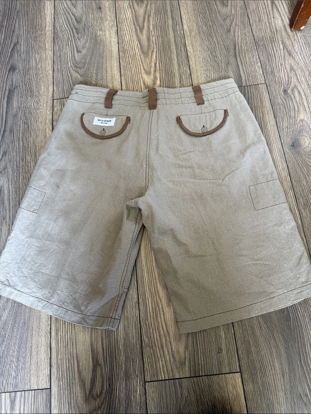 NICO GENZE New York 100% Linen Avant Garde Cargo Shorts XL tan Artisanal”